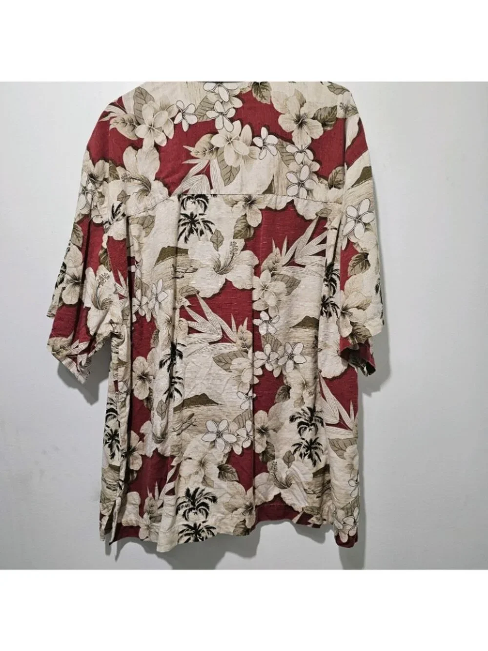 BERMUDA BAY Men's Hawaiian Shirt Size XXL Red Beige Btn Dwn Hibiscus Palms Print